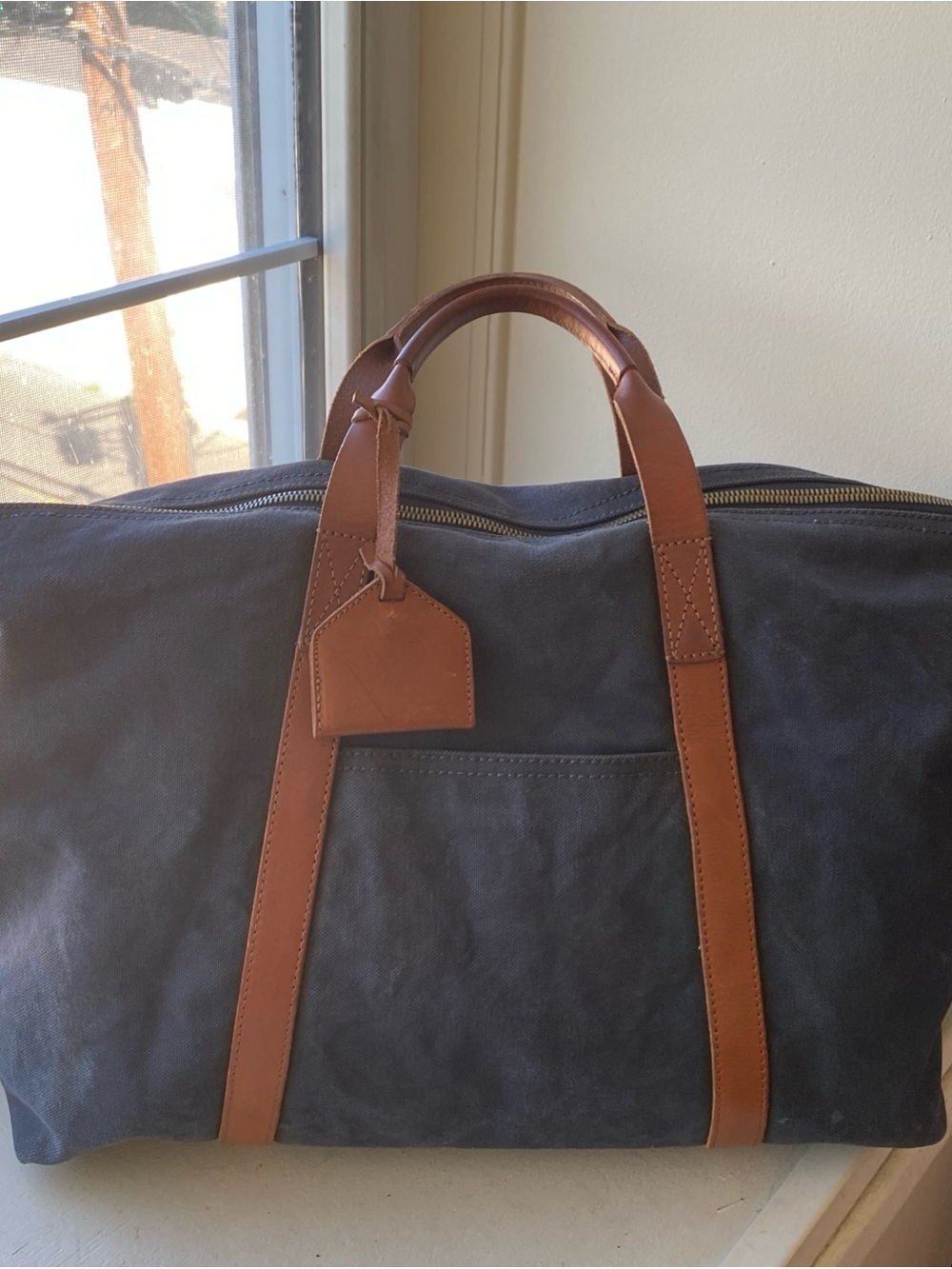 Madewell Essential Weekender Navy Canvas Duffel with Brown Leather Trim